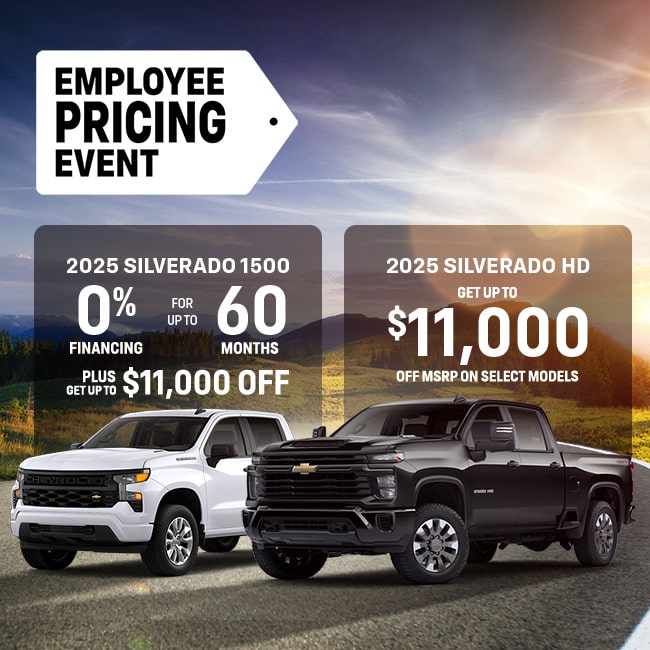 Red Chevrolet Silverado 1500 on a forest road, offering up to $11,300 off MSRP in Employee Pricing Event.