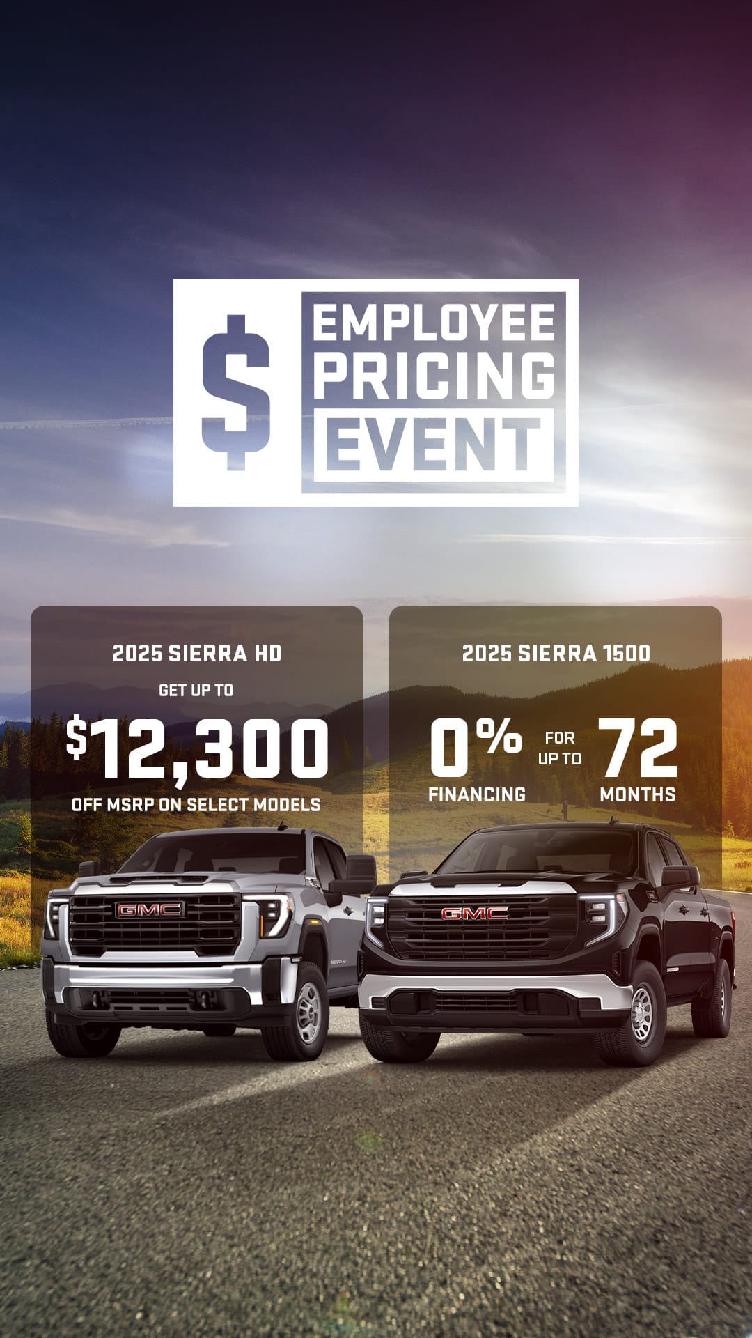 Summer adventure pre-owned sales event promo with diverse vehicles, scenic backdrops, starting at $14,888.