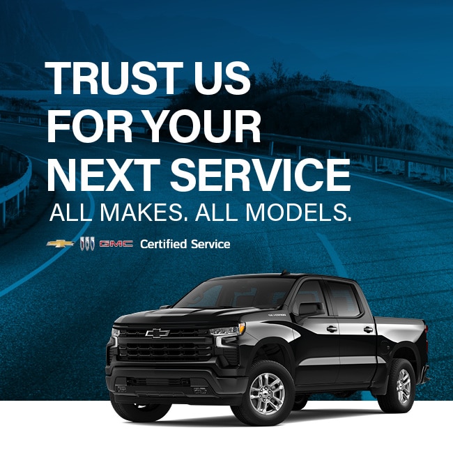 Chevrolet and GMC truck advertisement with text promoting certified service for all makes and models.
