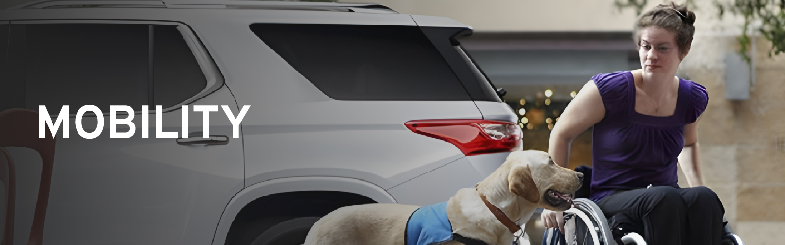 Woman in wheelchair with service dog near SUV, highlighting mobility.