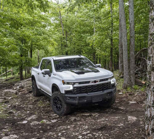 White pickup truck navigating a forest trail, surrounded by lush green trees and rocky terrain.