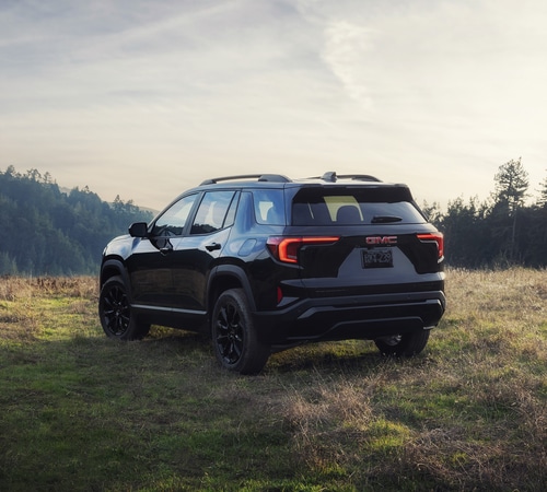 Black SUV parked in a grassy field with a forested hill in the background under a cloudy sky.