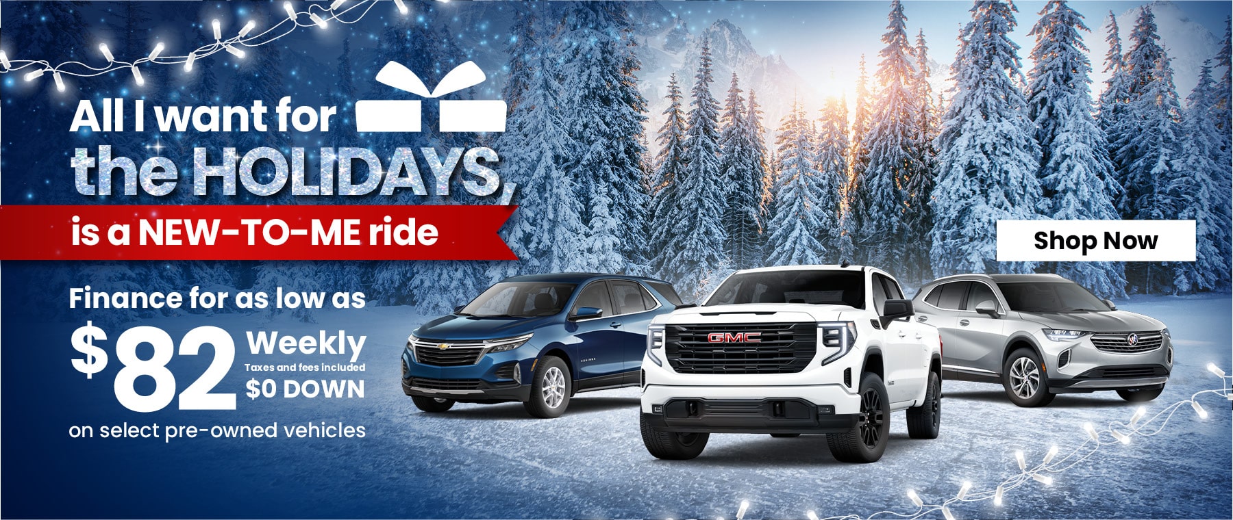 Holiday-themed car sales ad showing vehicles, snowy trees, and financing details.
