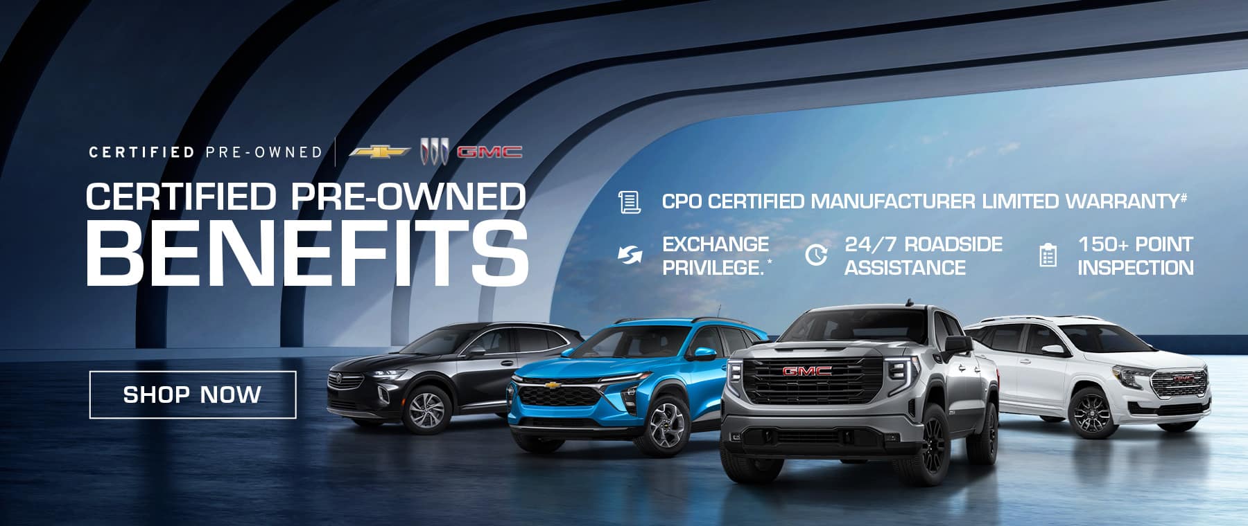 Certified pre-owned benefits banner with Chevrolet and GMC cars, highlighting warranty, 24/7 roadside assistance.