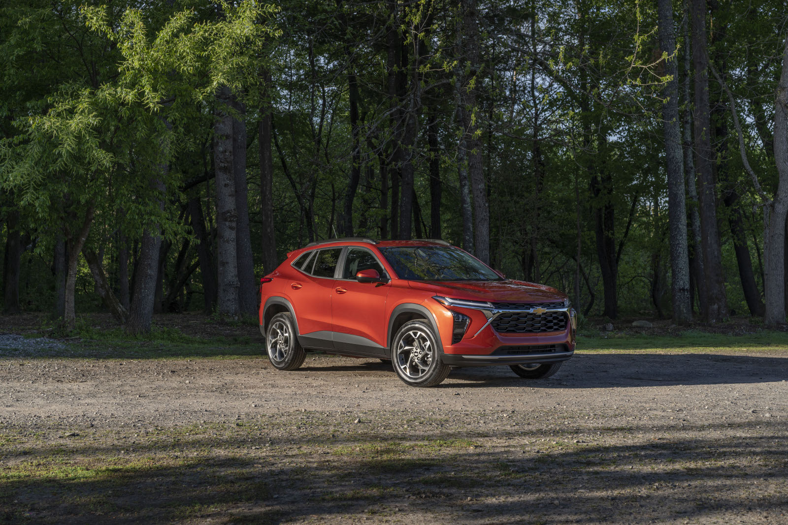 Red SUV parked on a dirt road in a lush green forest setting.